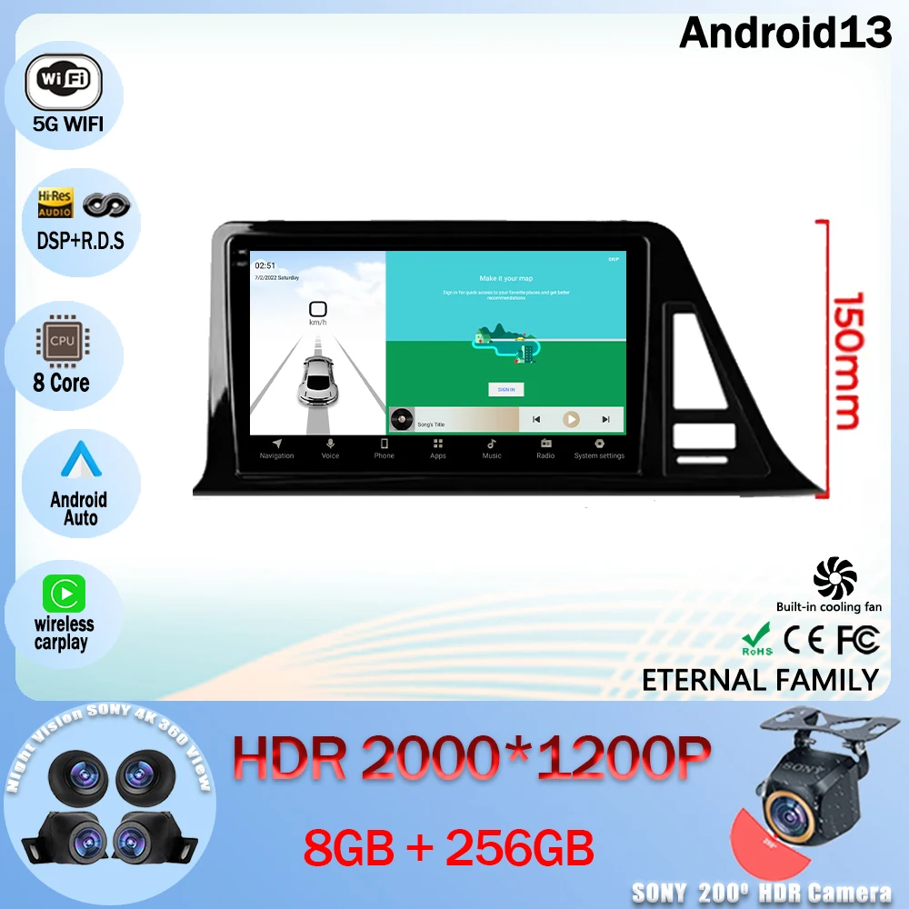 

Автомобильный радиоприемник Android 13, мультимедийный видеоплеер, навигация GPS для Toyota C-HR CHR 2016 - 2020 5G WIFI BT 4G HDR QLED No 2din DVD