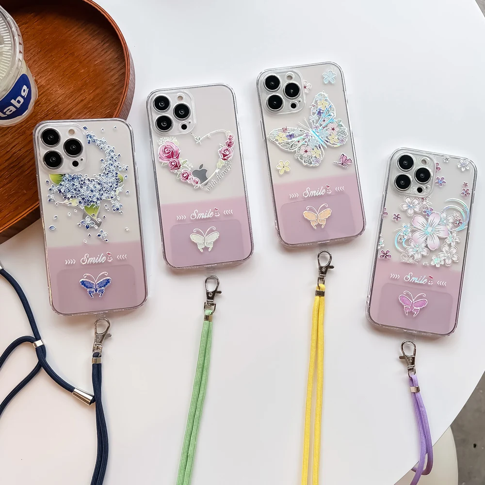 

moskado Cute Flower Butterfly Phone Case For iPhone 12 13 11 Pro MAX X Lanyard Shockproof Neck Cord Rope Cover For iPhone 11 12