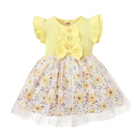 girls dress baby toddler kid girl ruffle flying sleeve rib knit bowknot flower print patchwork tulle dress