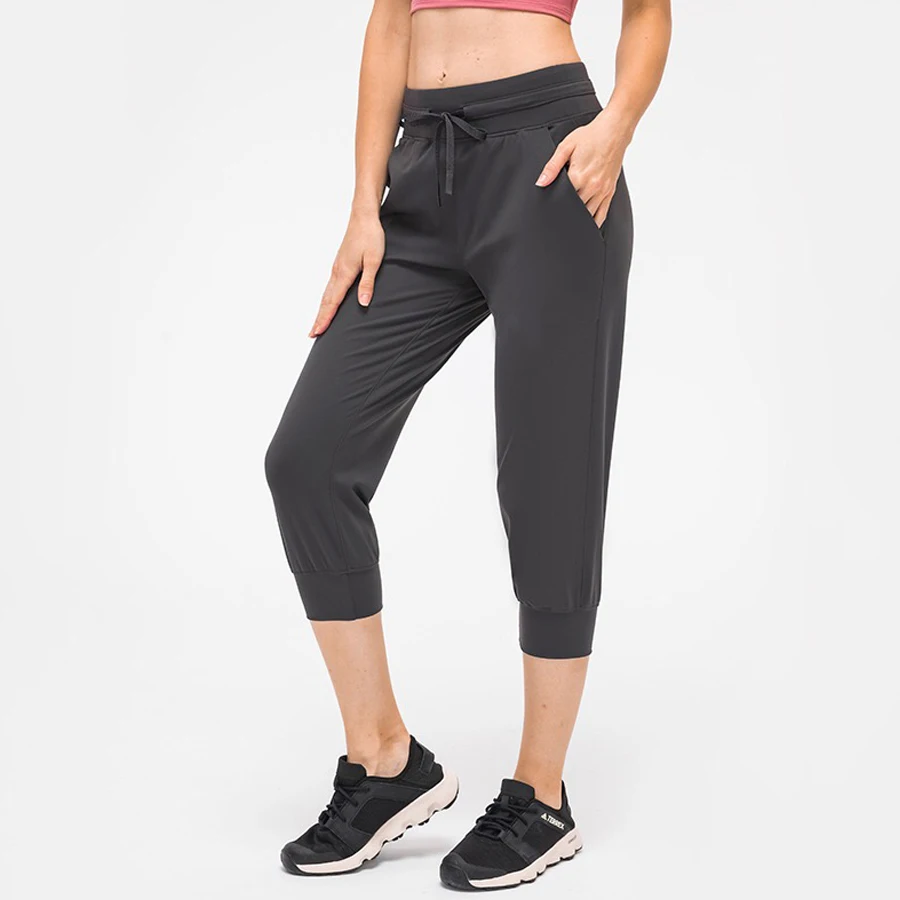 Женские Спортивные укороченные штаны для бега на талии с завязками фитнеса йоги