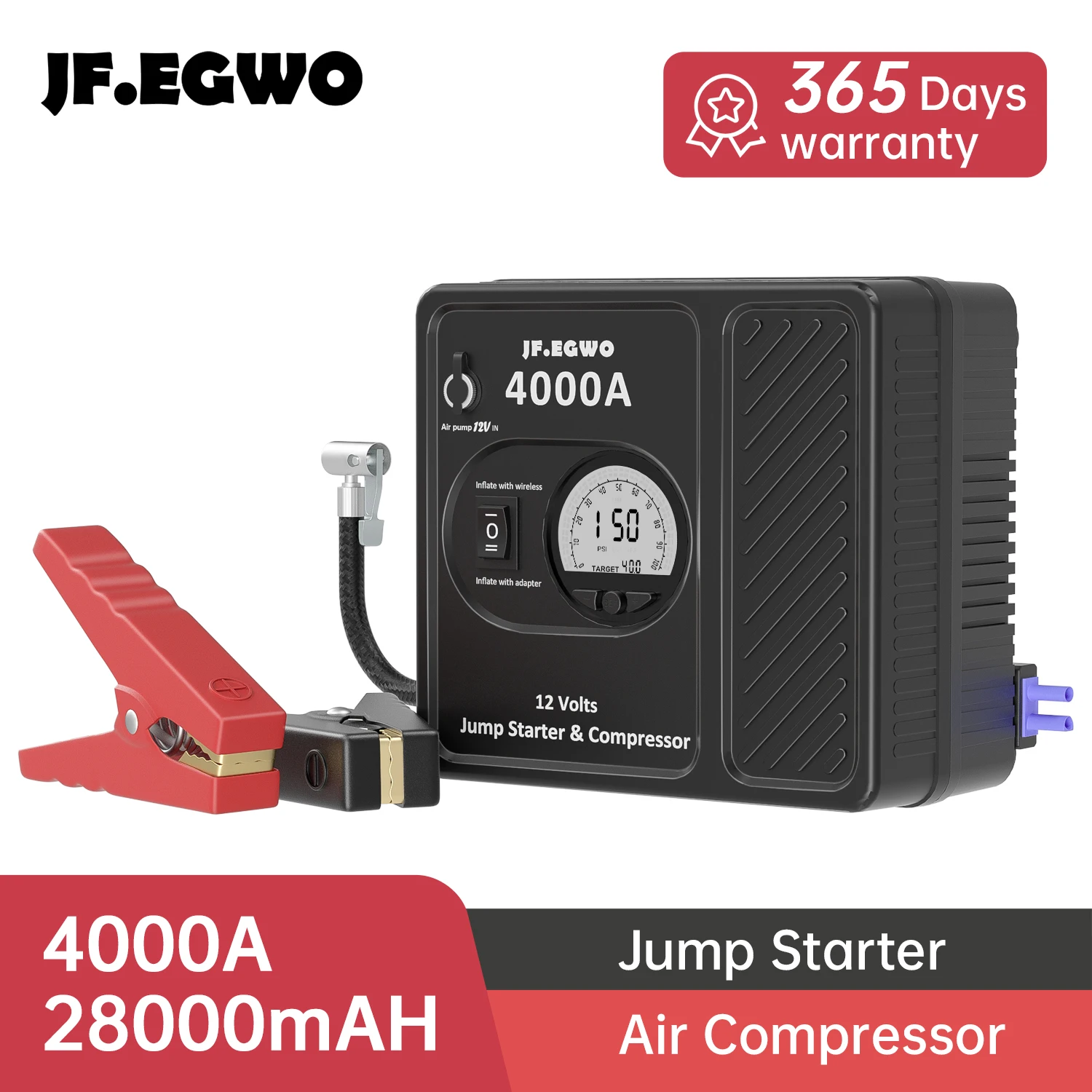 

JF.EGWO 4000A Car Battery Jump Starter with Air Compressor Pump 28000mAh Portable Emergency Battery Booster Device Tyre Inflator