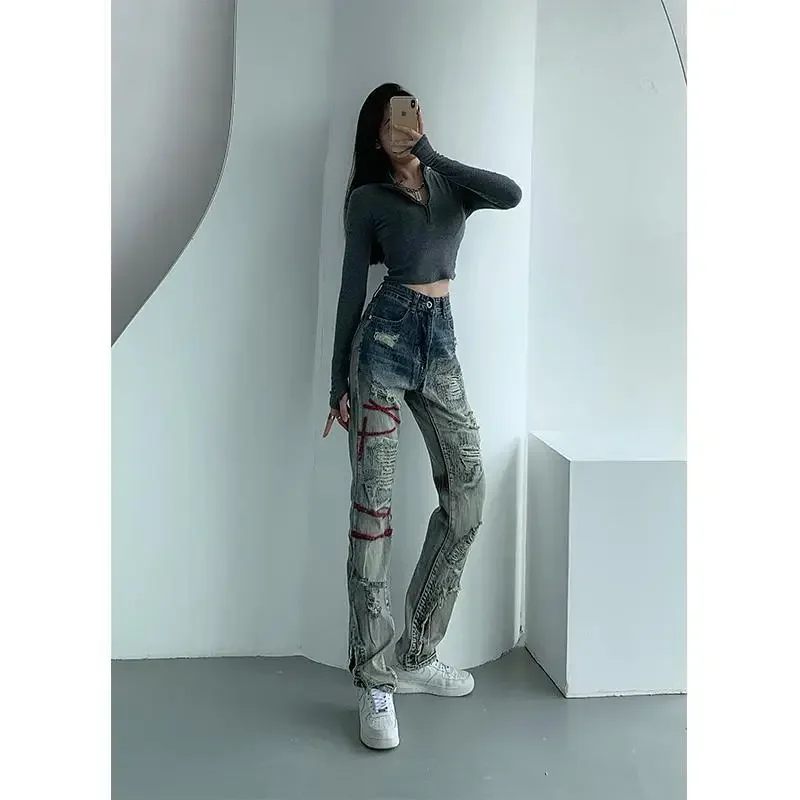 Прямые рваные джинсы контрастных цветов для женщин уличная одежда y2k нишевые