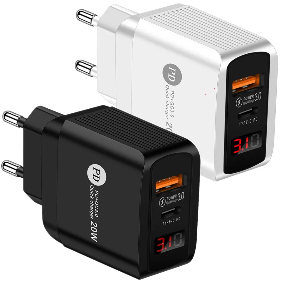 

LED Display USB Charger QC 3.0 Quick Charge EU US UK Plug Adapter For iPhone Samsung 20W Fast Charging Type C PD Port Charger