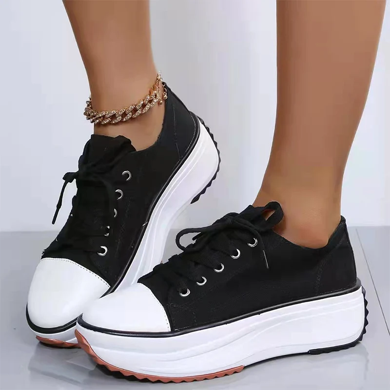 

Platform Net Cloth Upper Casual Sports Shoes For Women Oversized Laced Up Thick Bottom Sole Shoes Breathable No-Slip Shoes