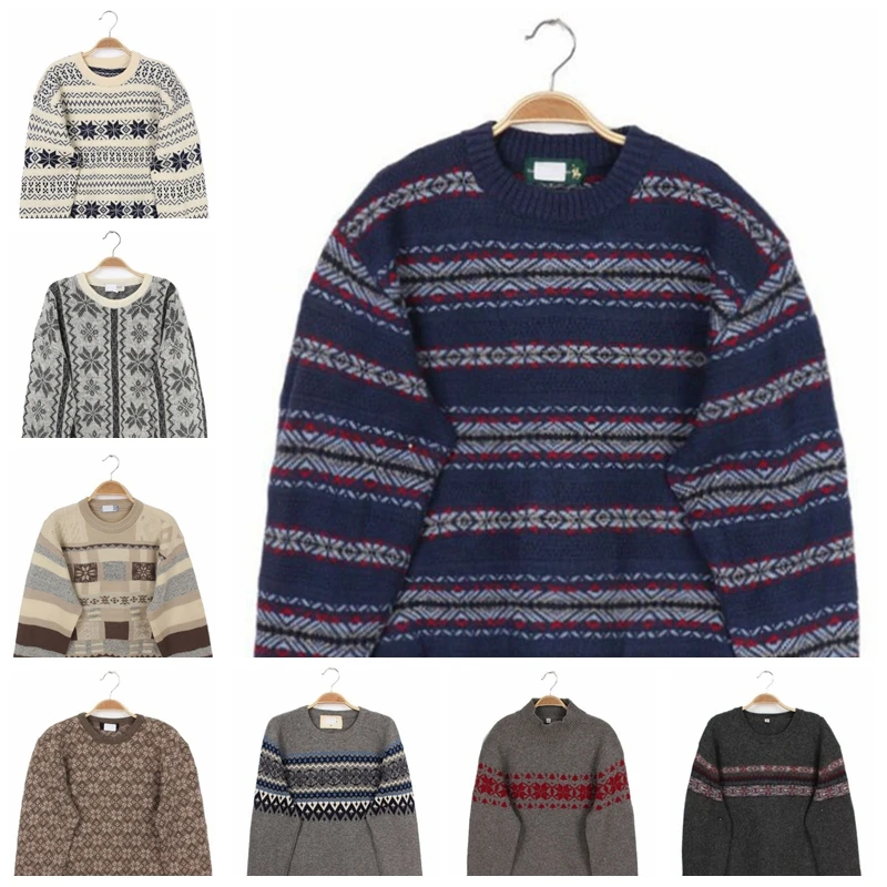 Vintage Solitude Japan Retro Autumn and Winter Fleece Neutral Pullover Sweater Stripe Snowflake Preppy