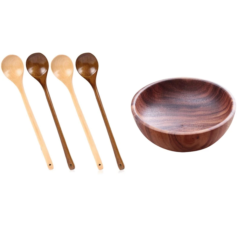 

1 Pcs Small Wooden Dish Salt Vinegar Sauce Flavor Spices Plate & 4 Pcs Wooden Mixing Spoon Long Handle Wooden Spoon Promotion