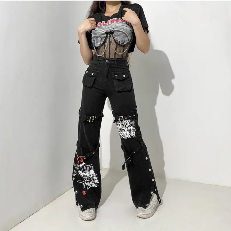 

XUAN Phd Street Cool Wind 2023 Spring Summer Overall American Design Sense Printed Metal Buckle Denim Drape Pants Black Pocket.