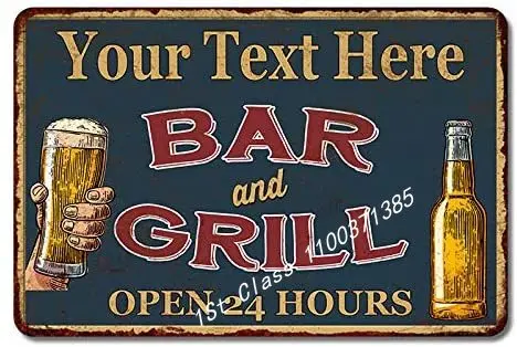 

Personalized Bar and Grill Tin Sign Pub Decor Man Signs Vintage Wall Art Decorations Fathers Rustic Home Beer Gift inch