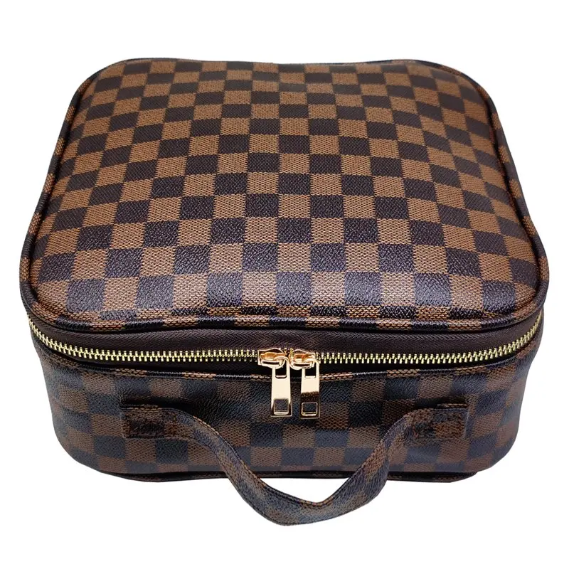 Checkered Makeup Organizer Cosmetic Bags Woman Portable Toiletry Travel Bag with Adjustable Partition For Tools , Jewelry ,Brown
