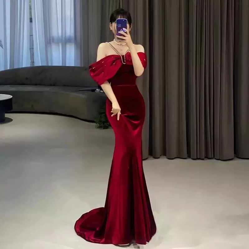 2023 New High End Luxury Wine Red Sexy Backless Evening Long Dress Off The Shoulder Mermaid Bowknot Party Prom Dresses