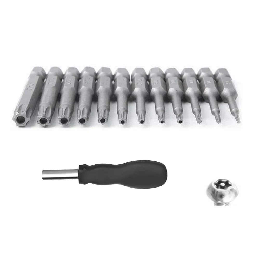 13pcs Security Bit Set Extension Bit Holder Tamper Star Screwdriver Bits Set 50mm T5-T40  Alloy Steel Torx Screwdriver Bit