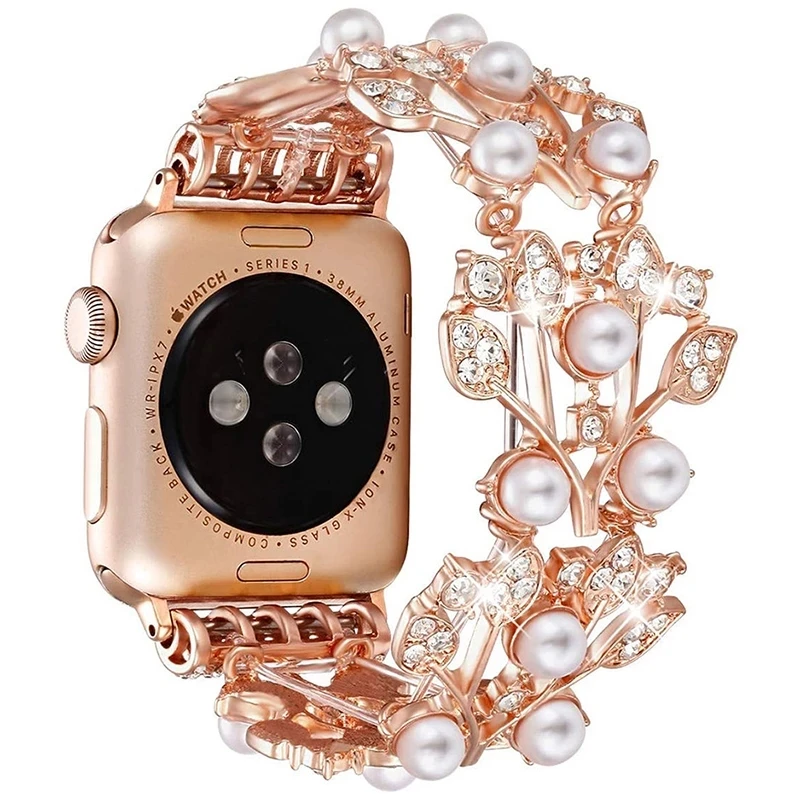 Metal strap For Apple Watch Band 7 44mm 40mm 42mm 38mm 41mm 45mm Women Pearl Watchband Bracelet Correa For iWatch Series 6 SE 5