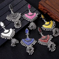 6 color womens silver color classic geometry big indian wedding earrings ethnic gypsy dripping oil jhumka earring