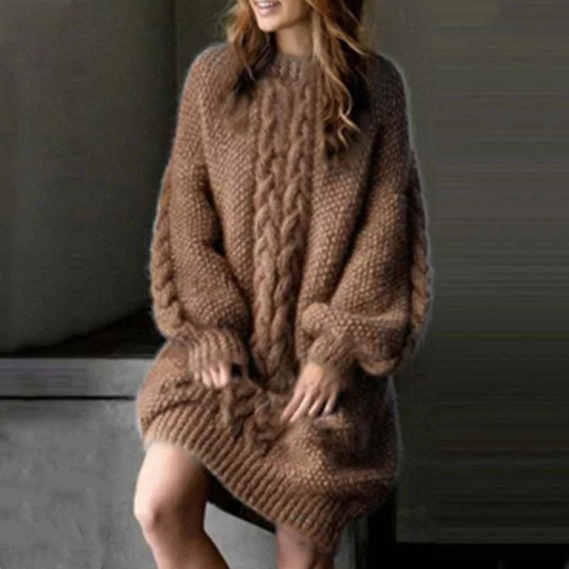 

2022 Fashion Women's Knitted Sweater Dress Long Sleeves Solid Color Casual O-Neck Sexy Outfits Pullovers S-5XL New Autumn Winter