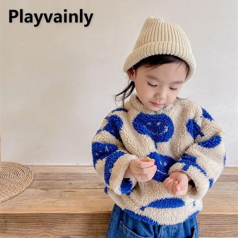 

Осенне-зимние толстовки для мальчиков и девочек с рисунком улыбающегося лица, овечья кожа, толстое теплое пальто с высоким воротником, детская одежда E21809