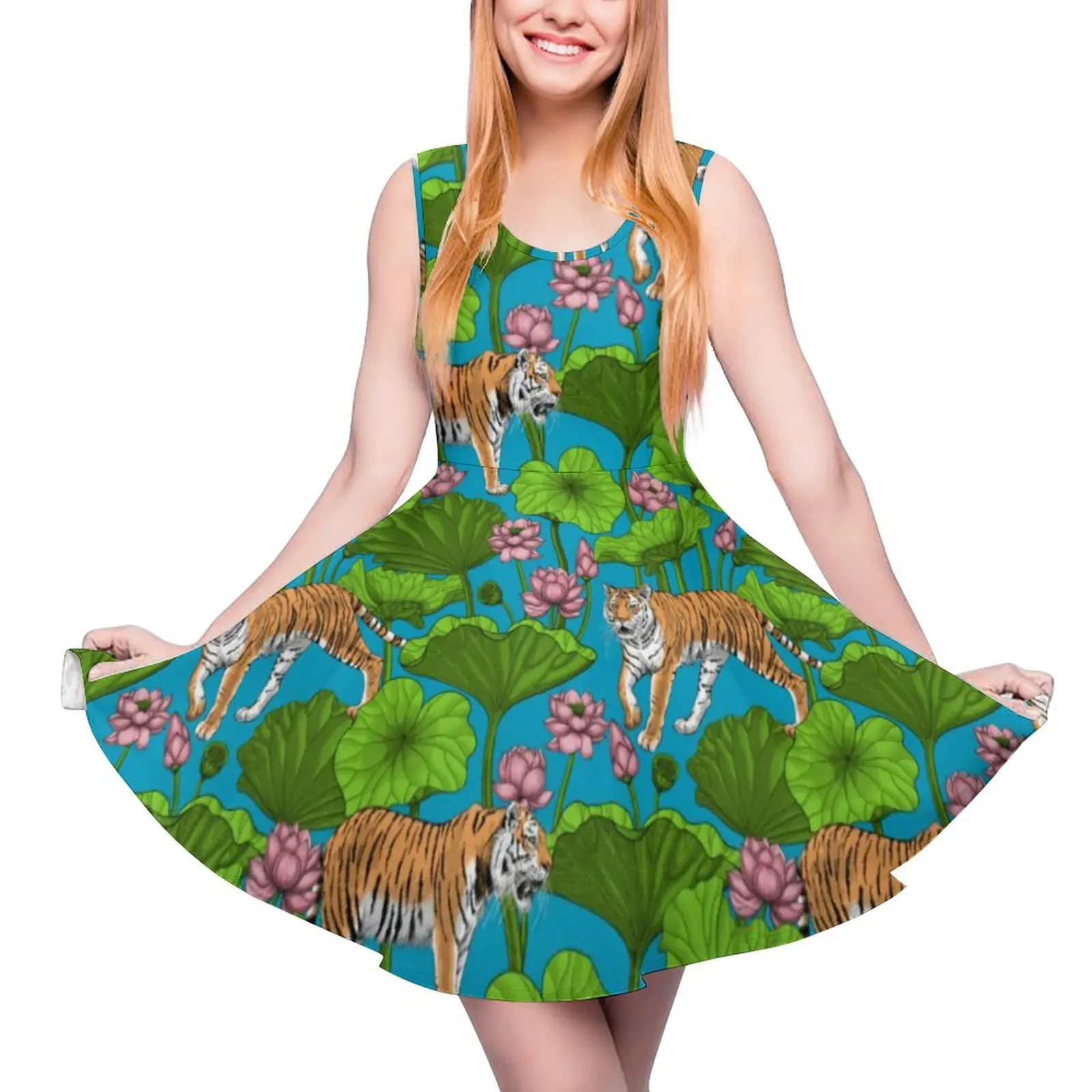 

Tiger Print Dress The Pink Lotus Boho Beach Dresses Sleeveless Aesthetic Printed Skate Dress Summer Oversized Vestido