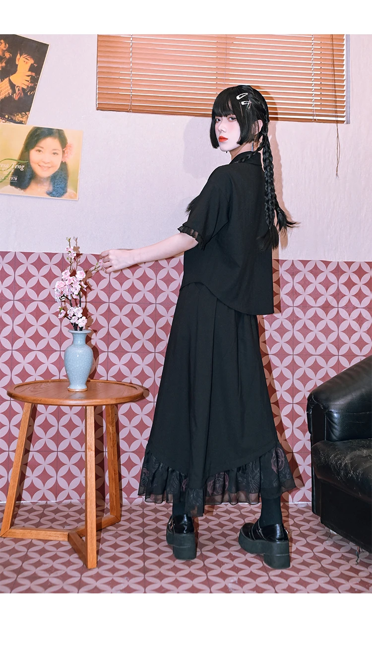 Темно-черный китайский костюм с кисточками женская шифоновая рубашка вышивкой в