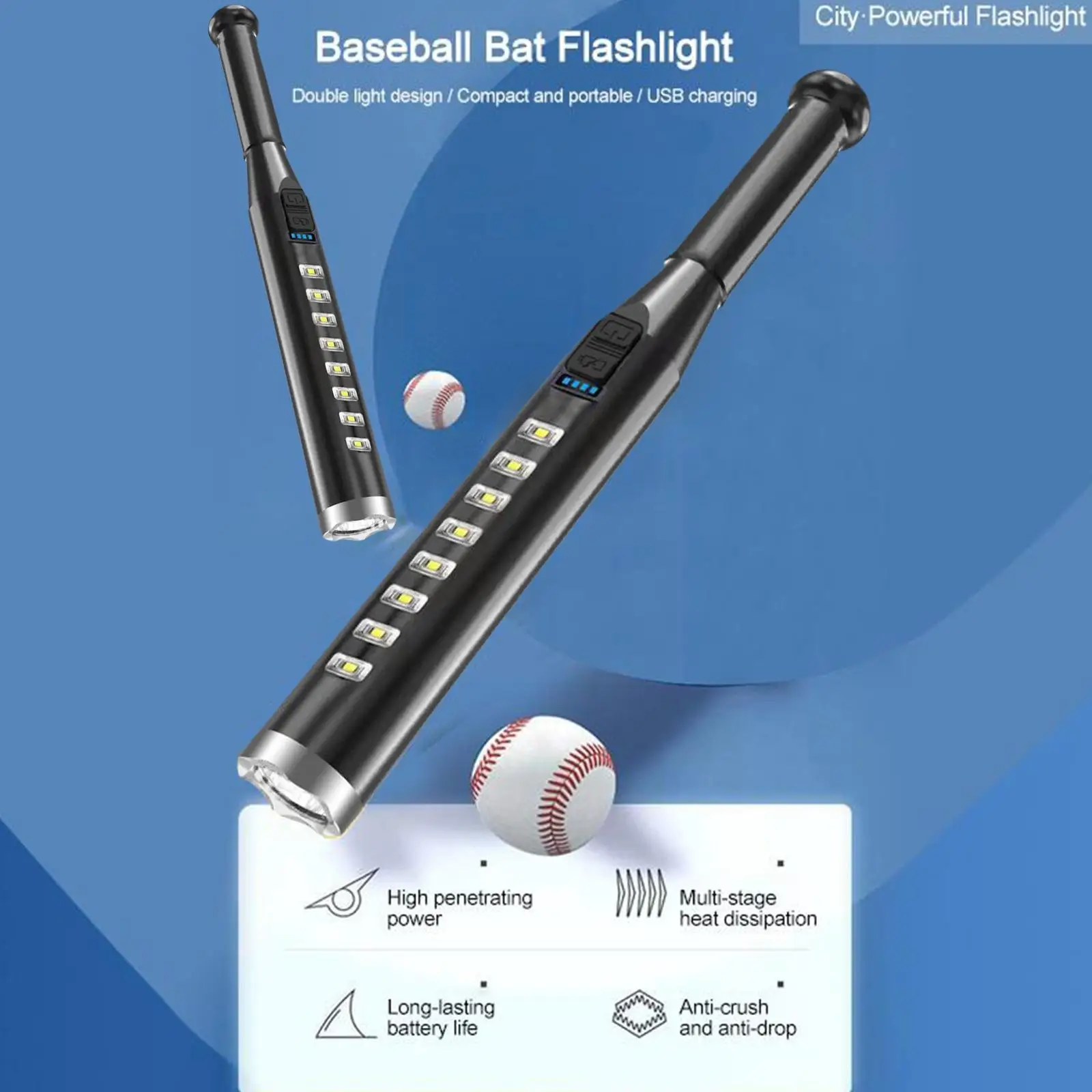 

Flashlight for SELF DEFENSE Baseball Bat Super LED Flashlight Security Lamp Rechargeable 4 Modes Waterproof Flashlight O3F8