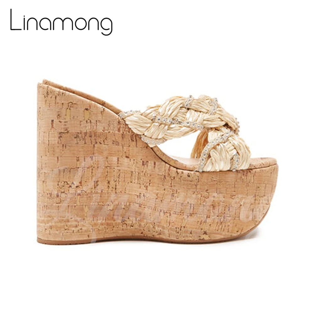 Wedge Slippers Braided Leather Summer Sandals Brown Espadrilles Super High Heel Mules for Women Gold Rhinestone Luxury Slippers