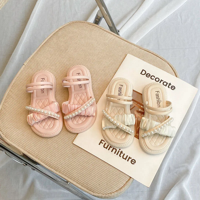 

Детские пляжные шлепанцы, летние сказочные сандалии для маленьких принцесс, Нескользящие, плиссированные, с жемчугом, бисером, Повседневные тапочки для девочек