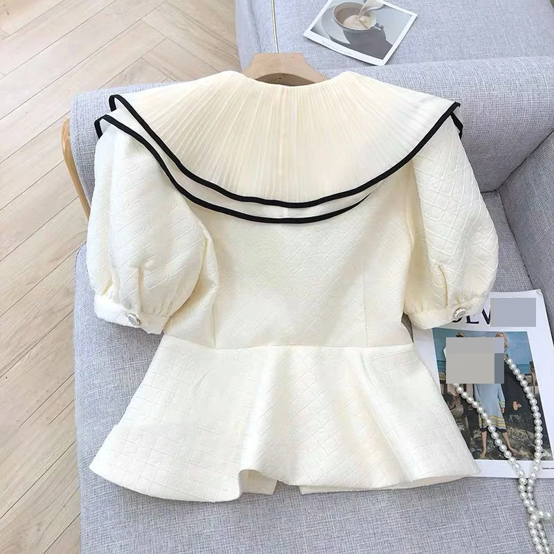 Shirt women's short-sleeved double-breasted vintage embroidery lapel top 2022 summer new slim  white coat  white shirt women enlarge