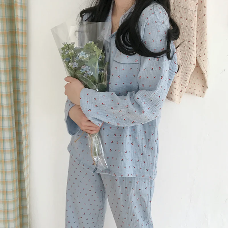 Cotton Linen Sleepwear Set Sweet Cute Cherry Print Pajamas Vintage Kawaii Notched Pocket Home Suit Shirt+Trousers Button S890