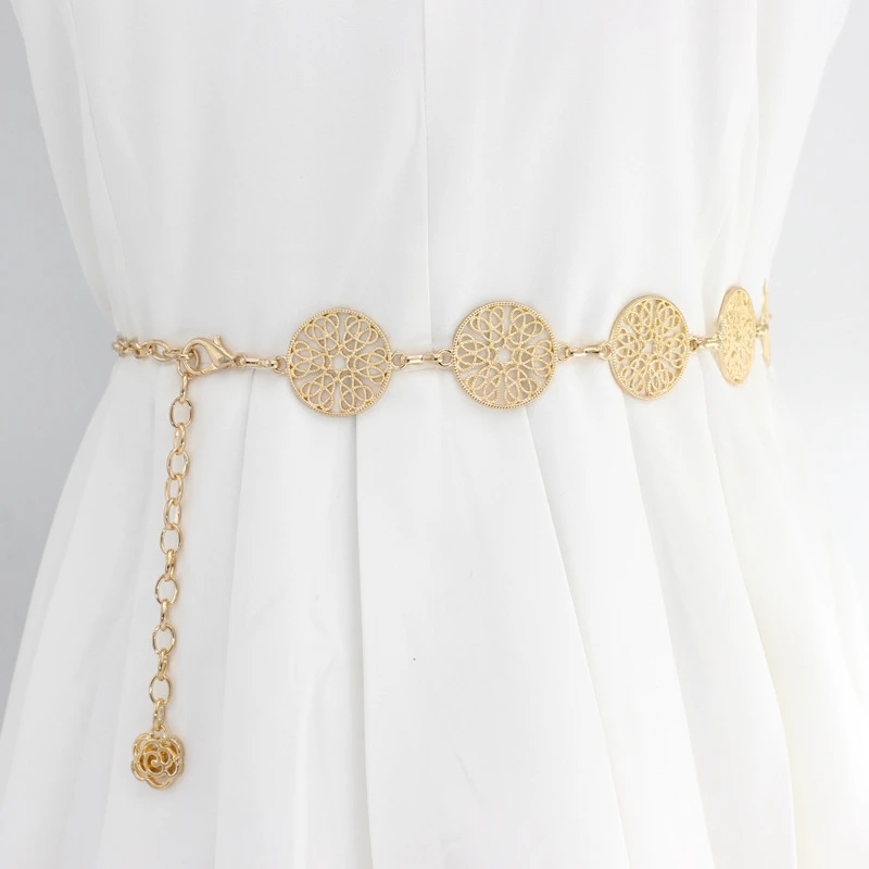 

Элегантный круглый металлический пояс для женщин в стиле ретро, золотой, серебряный ремешок с вырезами, цепочка, Длинные ремни, декоративный женский пояс для платья