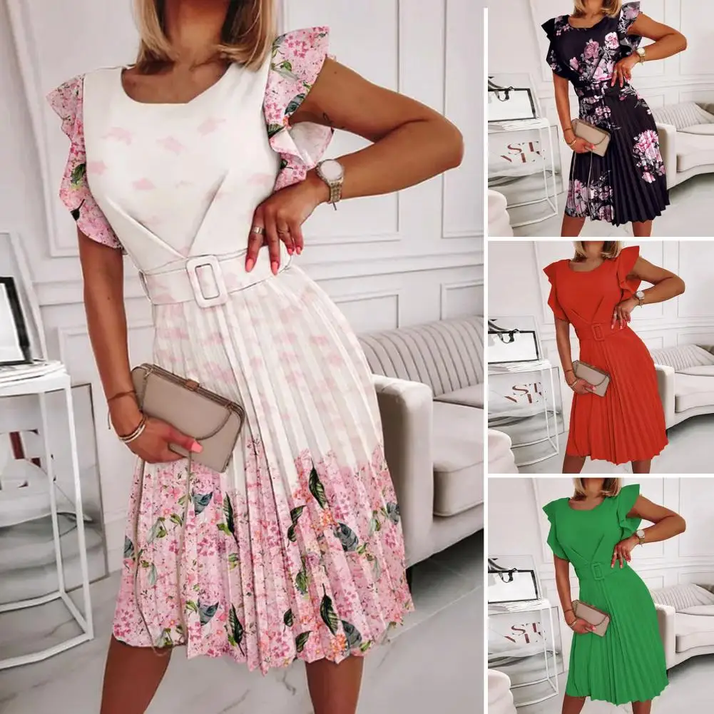 

Party Dress Charming Comfortable Mid-Rise Flower Leaves Printing Pleated Dress Female Clothes Holiday Dress Pleated Dress