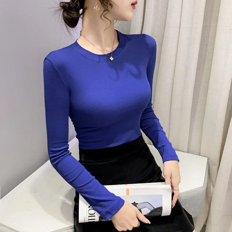 

2022 Female T-shirts Autumn Fashion Elegant Women Solid Long Sleeve Woman Pullover T Shirt Slim Casual Basic Tee Top A520