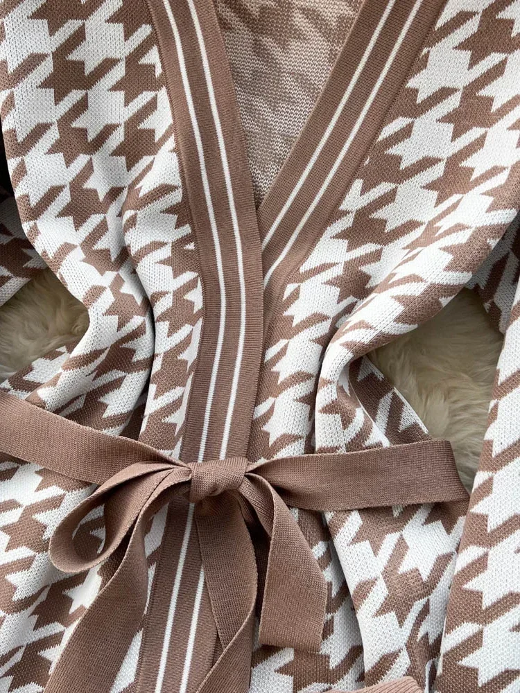 Осень-зима женский свитер костюм из двух предметов с узором гусиные лапки