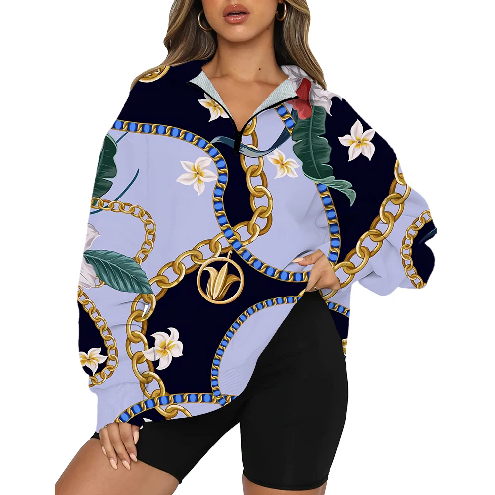 

Женская футболка в стиле бохо, повседневная черная футболка-поло с цепочкой и воротником-стойкой, свободный спортивный топ на молнии, новин...