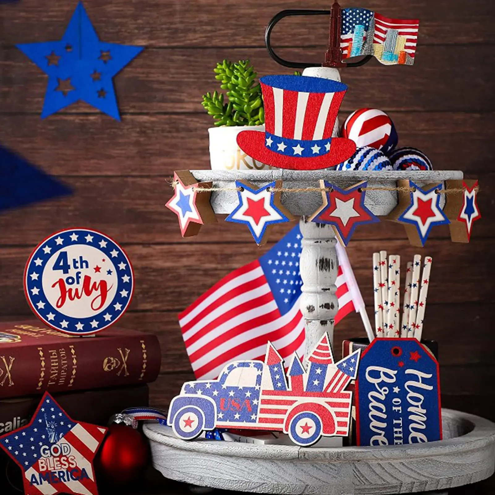 

10 Pieces 4th Of July Tiered Tray Decor Independence Day Decorations For Table Red White Blue Wooden Signs July 4th Decor
