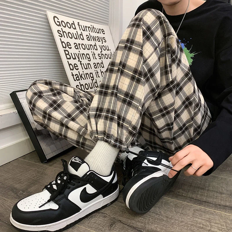 

Privathinker Gray Plaid Men Casual Pants Ice Silk Loose Straight Leg Trousers Drawstring Fashion Harajuku Male Vintage Pants