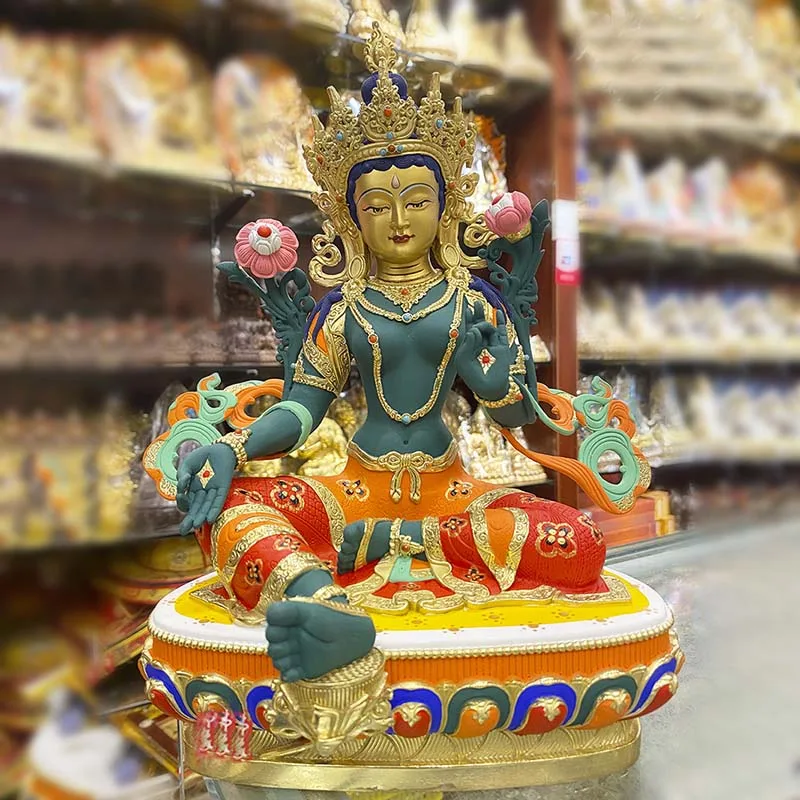 

Высококачественная цветная статуя Будды с рисунком, благословенная семейная безопасная зеленая статуя Будды тара Гуань Инь с рисунком