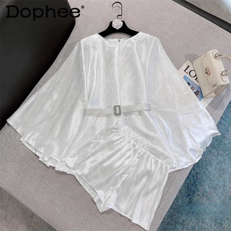 

2022 Early Autumn Chic Satin Suit Women's Long Bat Sleeve Lace-up Cape Shirt + Elastic Waist Letter Print Shorts Two Piece Set