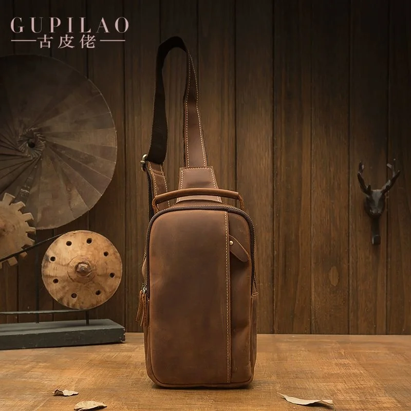 

genuine Handmade leather 100% trendy chest Men's cowhide personality single shoulder messenger Mobile phone bag Fashion brand su