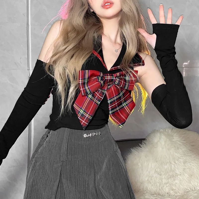 

Goth Harajuku Sexy Black Gloves Skinny Backless T-ShirtsPunk Plaid Bow Halter T Shirt Y2K Aesthetic Women Autumn Tees