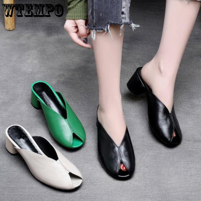 

WTEMPO Slip-on Slippers Womens Mules Pumps Peep Toe Square Heel Casual Sandals Summer Lady Slipper High Heeled Shoes Wholesale