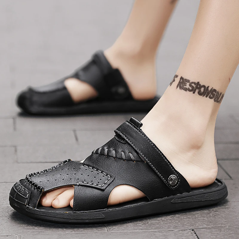 Летние сандалии мужские кожаные классические римские новые тапочки уличные