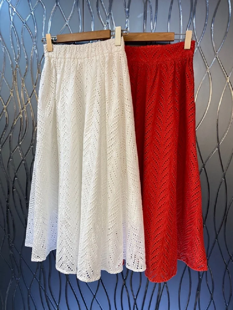 100%Cotton Long Skirts 2022 Spring Summer Maxi Skirts High Quality Women Allover Hollow Out Embroidery Casual White Red Skirts