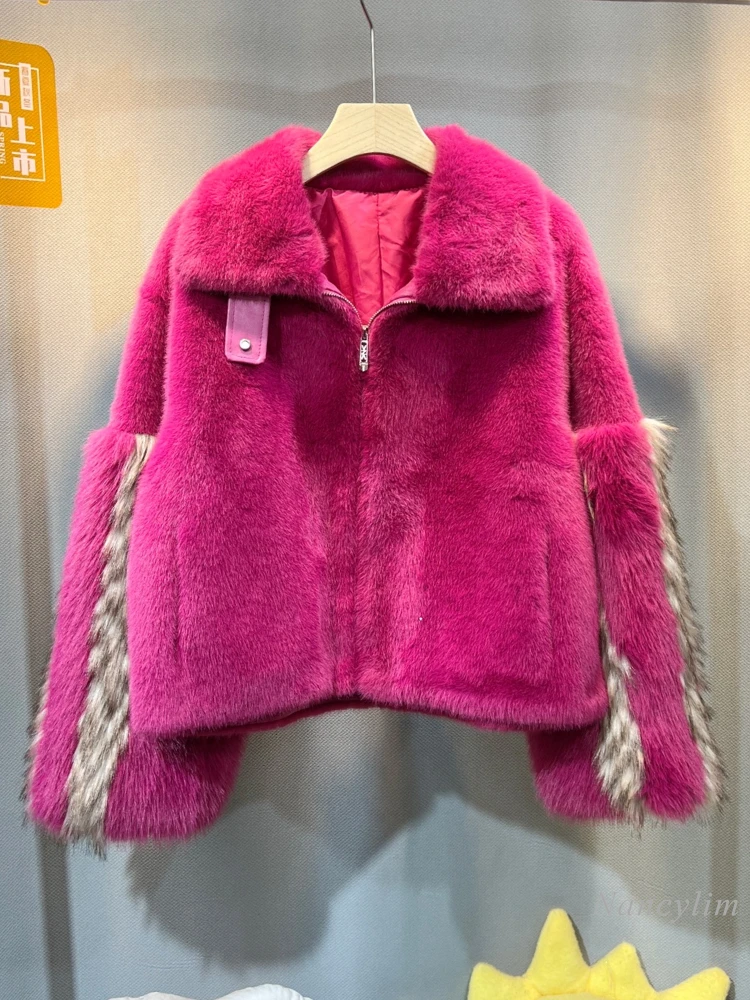 

Новинка, зимнее женское плотное теплое пальто из искусственного лисьего меха, Европейское шерстяное пальто из норкового меха, роскошное высококачественное пальто контрастных цветов