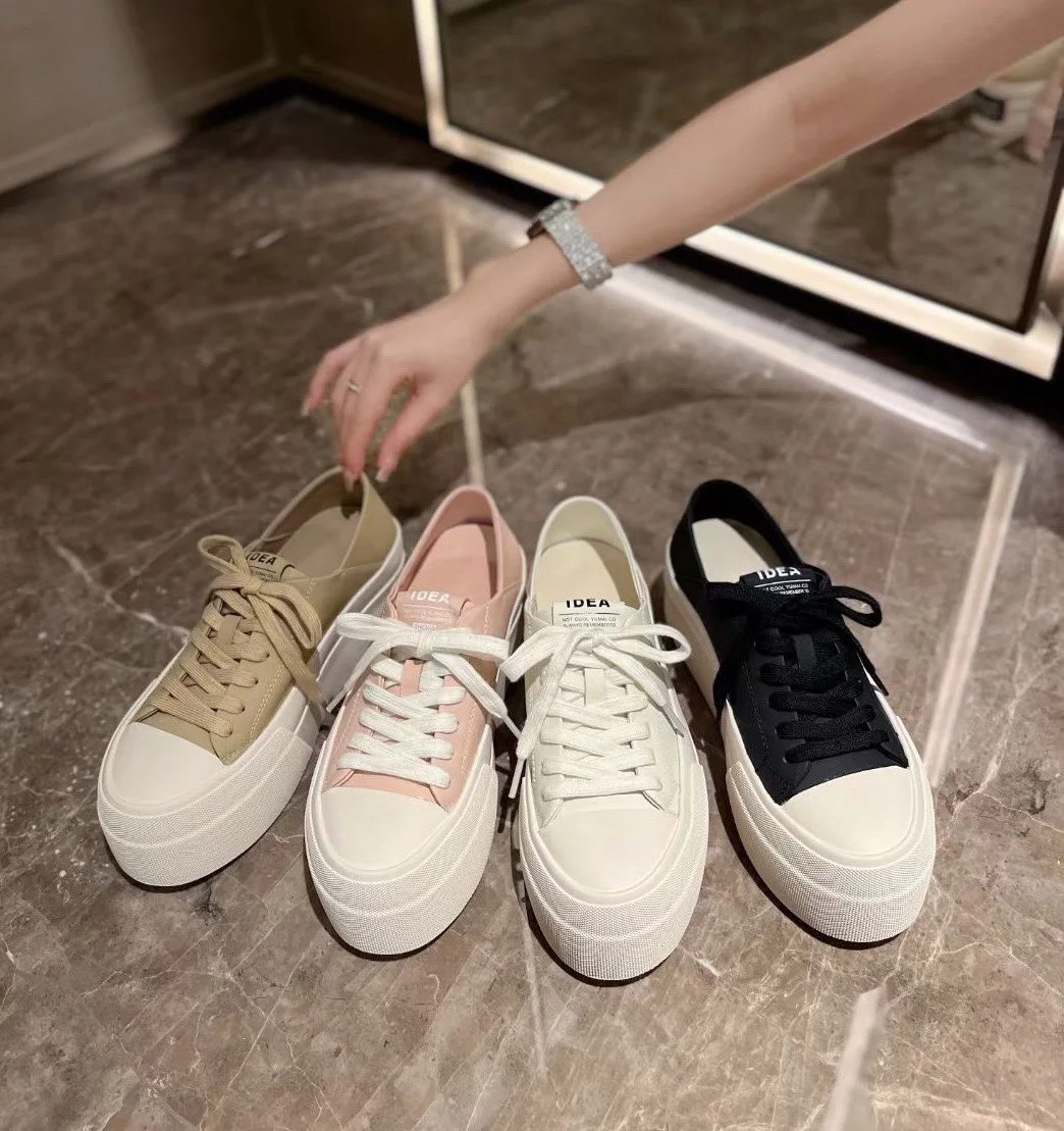 

Women Chunky Sneakers Casual Shoes Thick Sole Flat Platform Genuine Leather Spring Fall Fashion All Match Pink Girls Pretty 2023