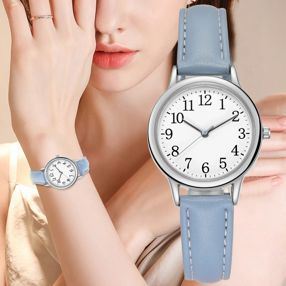 

Japan Movement Women Quartz Watch Easy to Read Arabic Numerals Simple Dial PU Leather Strap Lady Candy Color