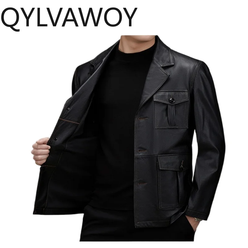 Фото QYLVAWOY Мужские куртки из натуральной коровьей кожи с множеством карманов, деловые повседневные куртки, новинка весна-осень №5
