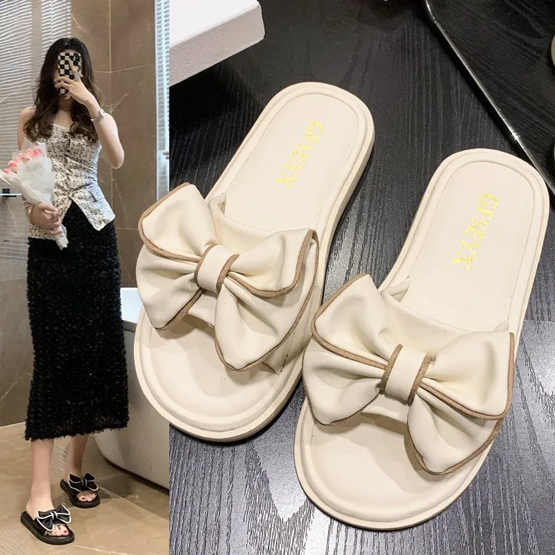 Korean Version 2cm Flat Shoes With Bow Embellished Slippers Women's Flip-Flops Green Sandals New 2023 Summer Slipper Fashion