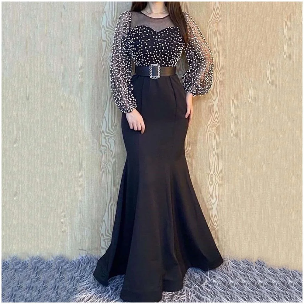 

Maxi Dress Patchwork See Through Mesh With Polka Dots Long Sleeve Slim Fit Mermaid Party Evening Dress No Belt 2022 Female Robes