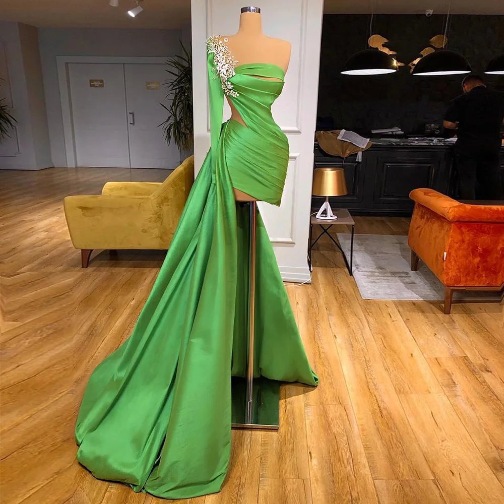 

Sexy Cocktail Dress Applique One Shoulder Long Sleeve Modern Wedding Cocktail Gown Pleat Illusion Mini Women Formal Party Dress