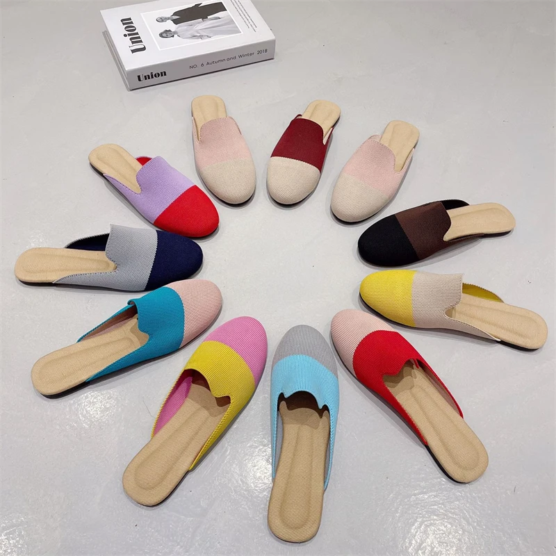 Large Size Women's Shoes 2022 Summer New Flying Woven Sandals And Slippers Women's Baotou Half Drag Flat Shoes Sandalias Mujer V