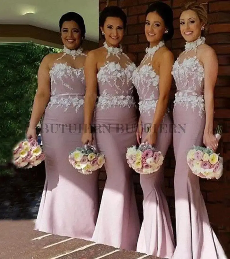 

Halter Neckline Blush Mermaid Bridesmaid Dresses Long Wedding Party Dress With Flower Beadings Formal Prom Gown Cheap