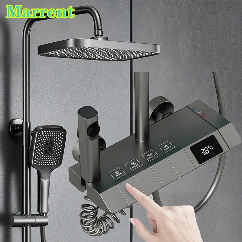 

Rainfall Piano Digital Shower Set Quality Brass Bathroom Shower Mixer Faucets Tap Wall Mounted Grey Thermostatic Shower System